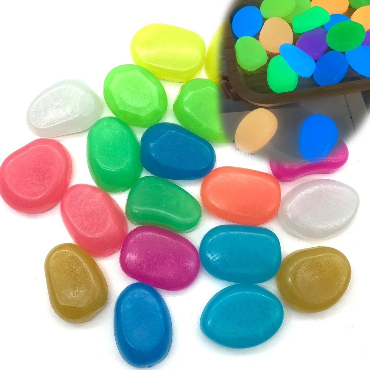 Dailygoods Lichtgevende Stenen - 20 Stuks Grote Decoratieve Tuinstenen - Kleurrijk Harsmateriaal - Diameter: 4,5 cm