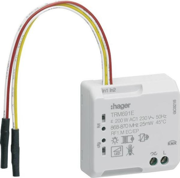 Hager Funk UP Universele dimmer TRM691E, 1-voudig met binaire ingang, 2-voudig, 200W, 2-draads