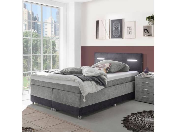 Boxspringbett Cody Webstoff mit Beleuchtung 140x200cm 140x200 cm Bonellfederkern-Box Härtegrad: H2 Schwarz modern, Mit abnehmbarem Bezug