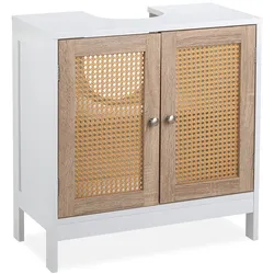 Relaxdays Waschbeckenunterschrank, 60 cm breit, 2 Fächer, Siphon-Aussparung, Rattan-Türen, Badunterschrank, weiß/ natur
