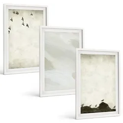 BILDER SET 3er Set - 40x60 cm Weißer Rahmen - Vögel, Steine, Pinselstriche, Verzierungen