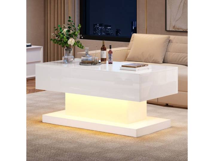 Table basse relevable LED blanche 100x50x45 cm