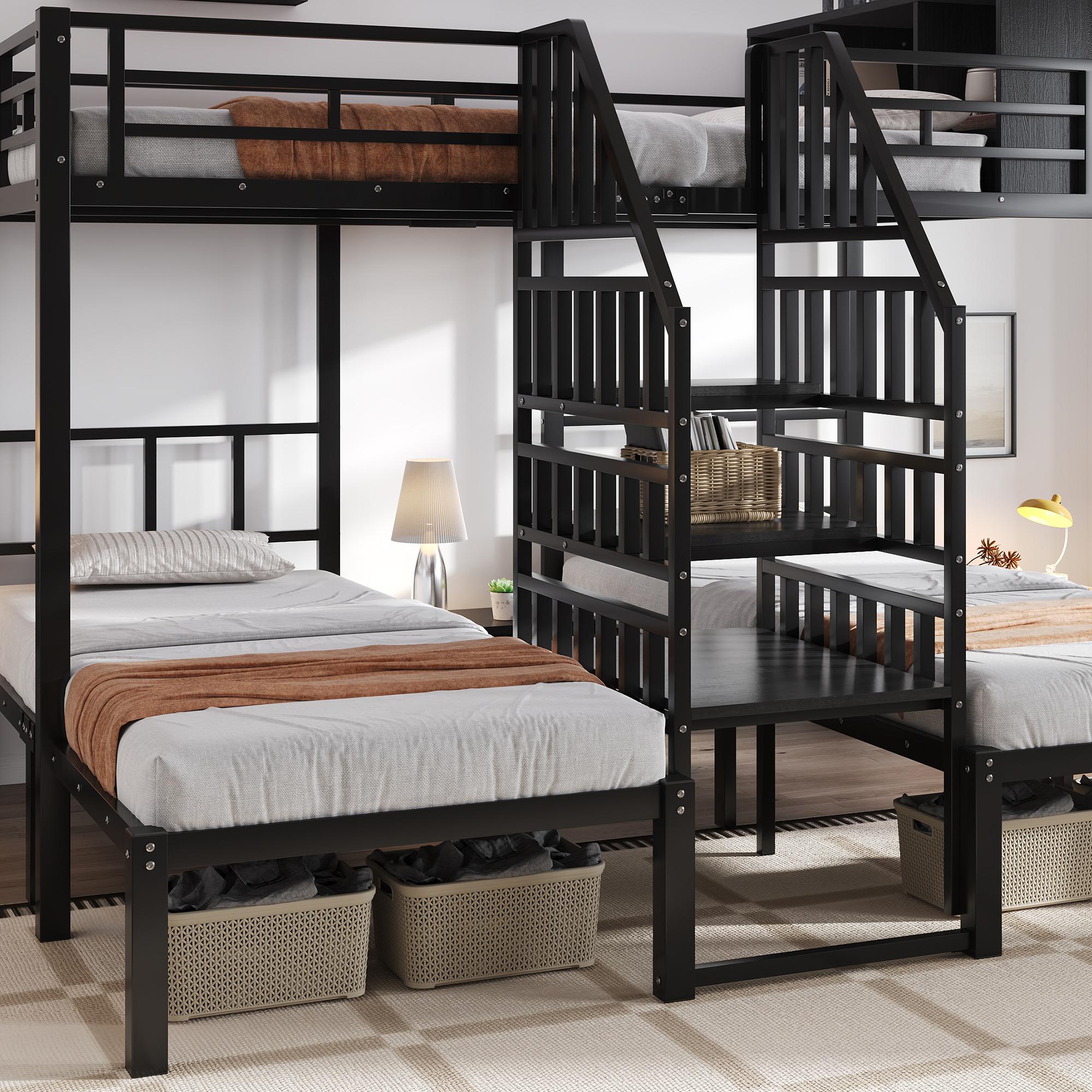 MODFU Etagenbett mit matratze 90x200/140x200 Jugendbett Metallbett für drei Personen (3 Bett),Bettgestell mit Handläufen-Treppe,Schwarz