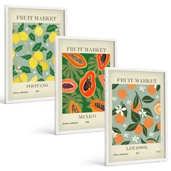 BILDER SET 3er Set - 40x60 cm Weißer Rahmen - Fruchtposter Zitronen Papayas