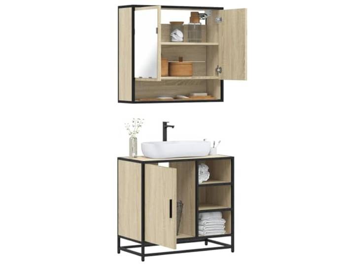 HWKQEQRF 2-TLG. Badmöbel-Set Sonoma-Eiche Holzwerkstoff Waschbeckenunterschrank mit Öffnung, Spiegelschrank, Metallgestell, Lowboard, Wandmontage, Stauraum