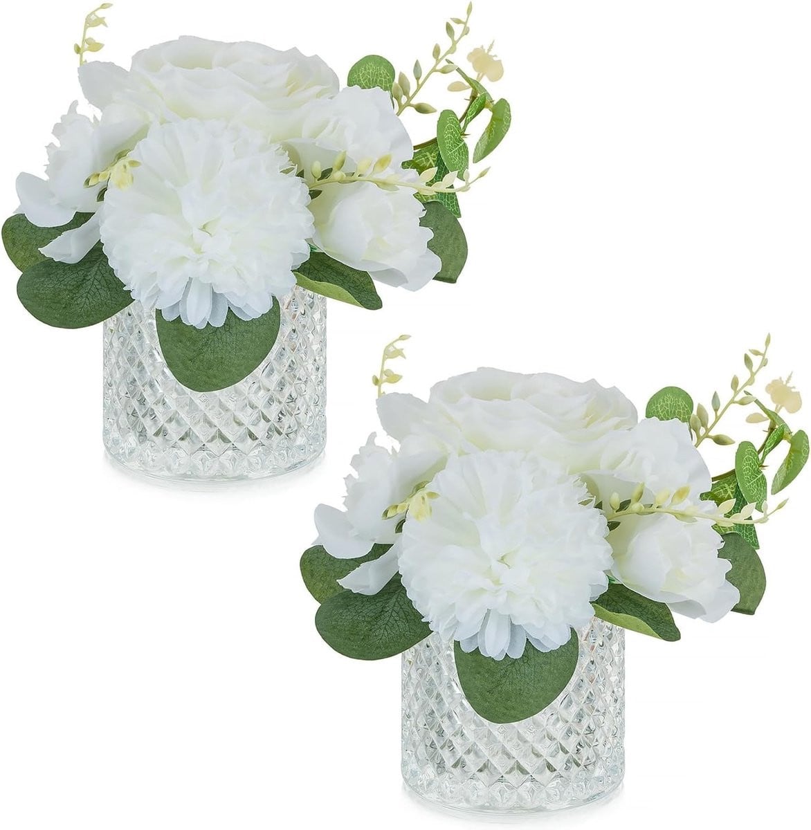 Set van 2 witte kunstbloemen met glazen vaasje voor decoratie