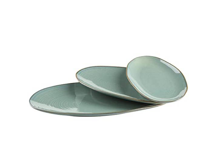 MÄSER Serie Nottingham, Set aus 3 Servierplatten, Servierteller in 3 Größen im unregelmäßig geformten Vintage Look, Steinzeug, Türkis-Grün