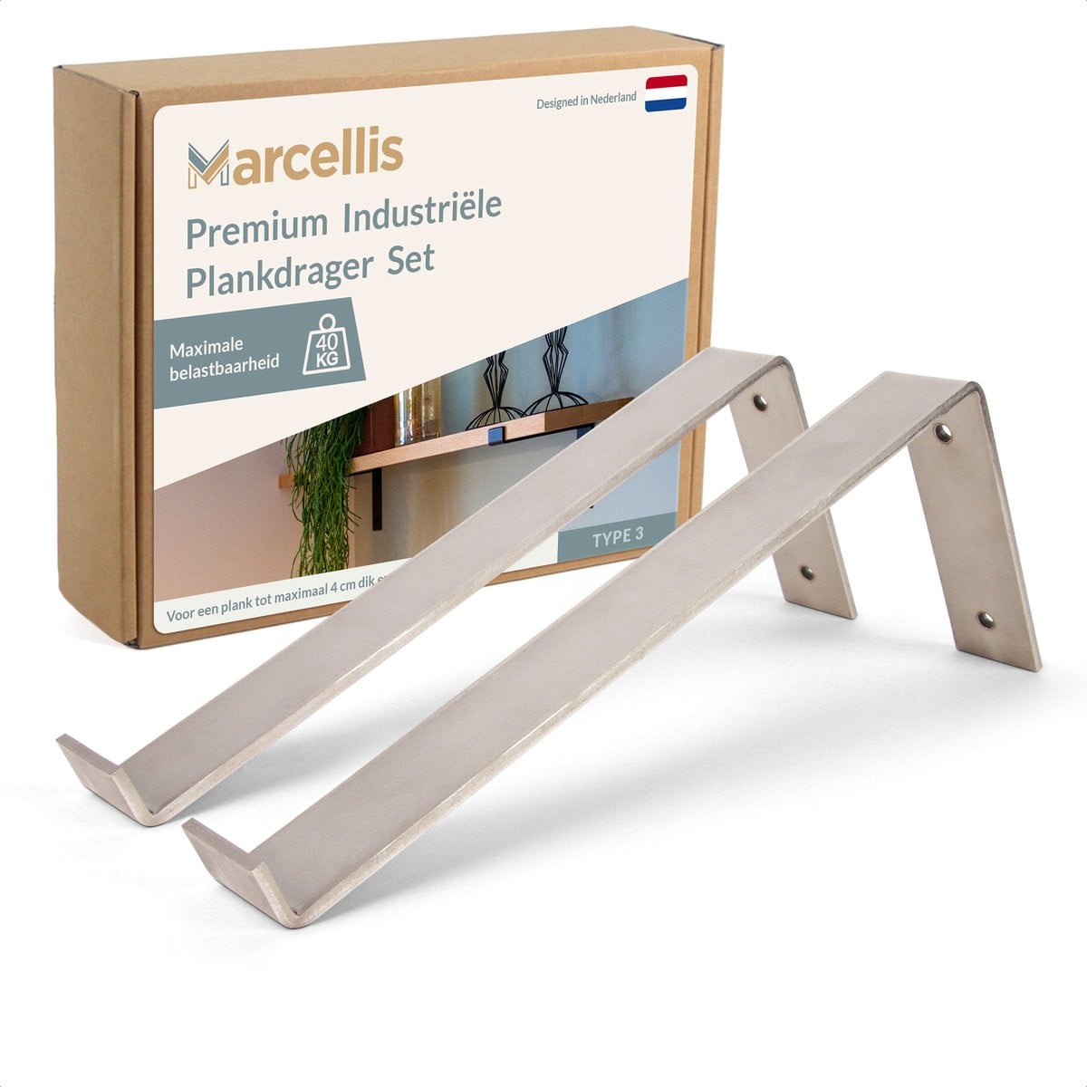 Marcellis 2x Industriële plankdrager XL voor plank 30cm met schroefset - Roestvrij staal - T3