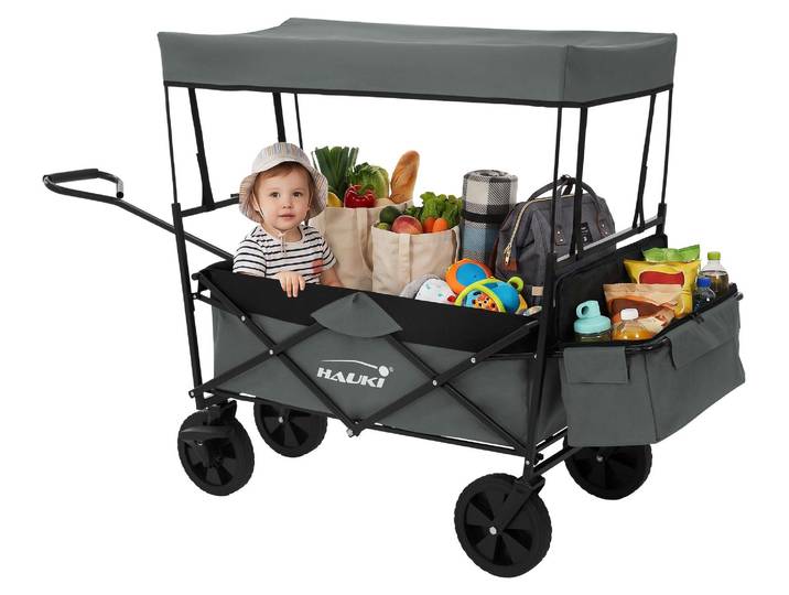 Hauki Bollerwagen faltbar mit Dach, Handwagen klappbar für Kinder, Strand, Picknick, Camping, Garten, Transportwagen L Grau, Gerätewagen mit Tasche