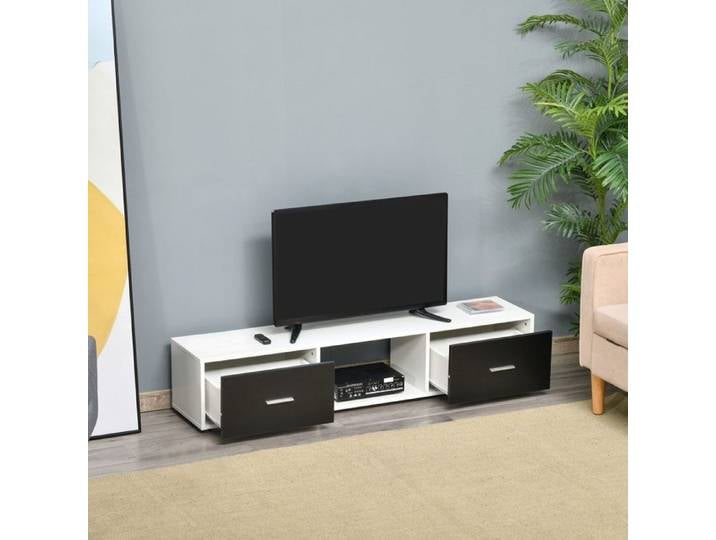 Meuble TV - PAGE LIVING - 140x30x32 cm - Blanc et noir - 2 tiroirs - Pour TV jusqu'à 60
