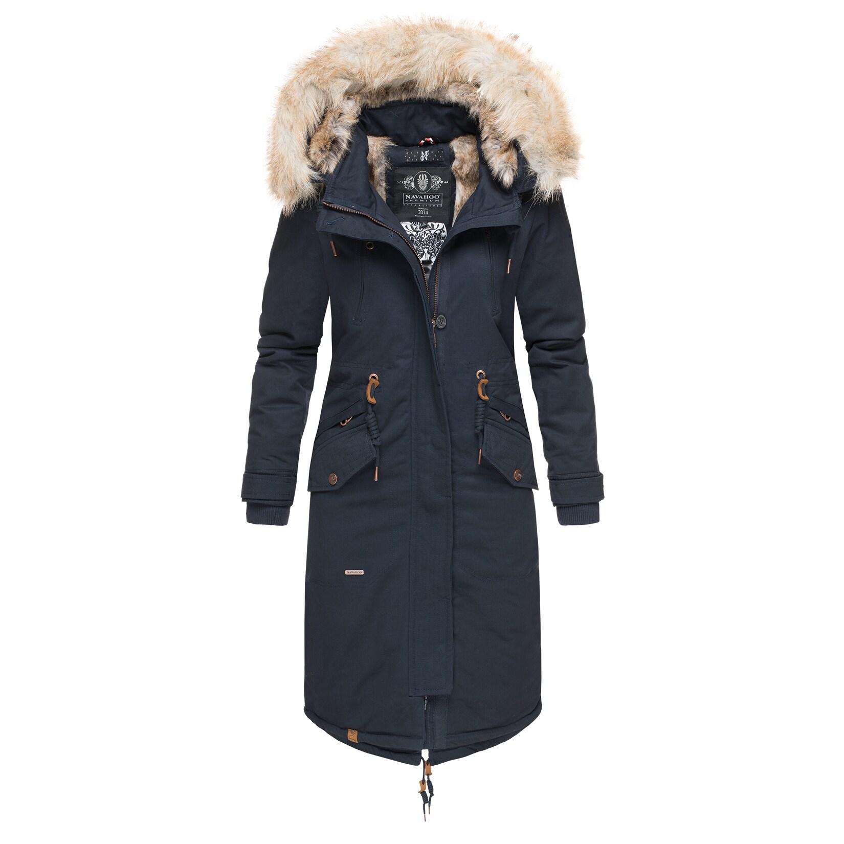 NAVAHOO Damen Designer Langer Wintermantel Parka mit Kunstfell-Kapuze Kin-Joo