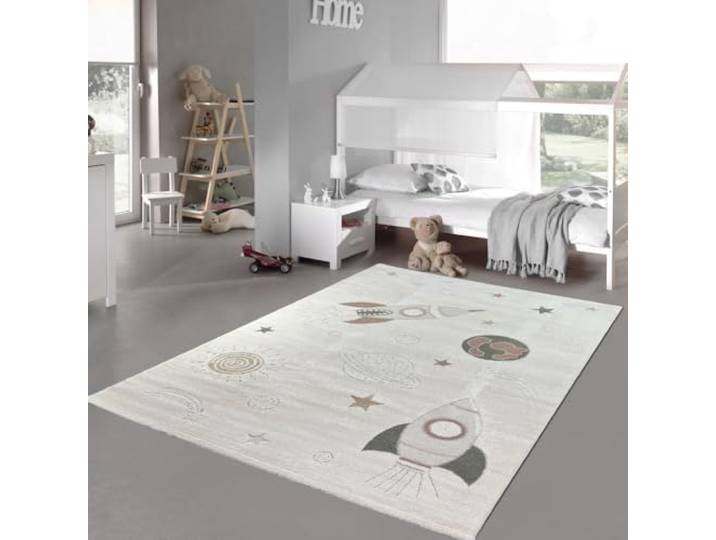 Teppich-Traum Kinderteppich Weltraummotiv Creme Grau Beige 240x340 cm Sterne, Planeten, Raketen und Kometen, 3D-Hoch-Tief-Effekt, weicher Flor, pflegeleicht, robust, OEKO-TEX, Kinderzimmer