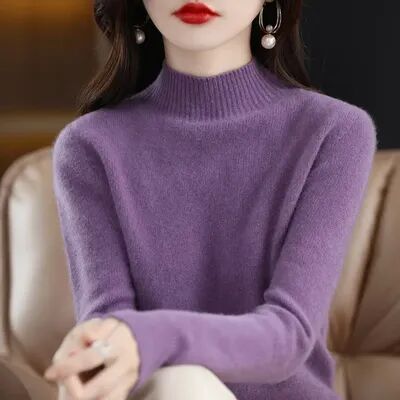 GlowBake Autumn Winter Women Sweater, Fashion Warm Bottoming Shirts, Half High Collar Knitwear Solid Long Sleeve Pullovers dark Purple l