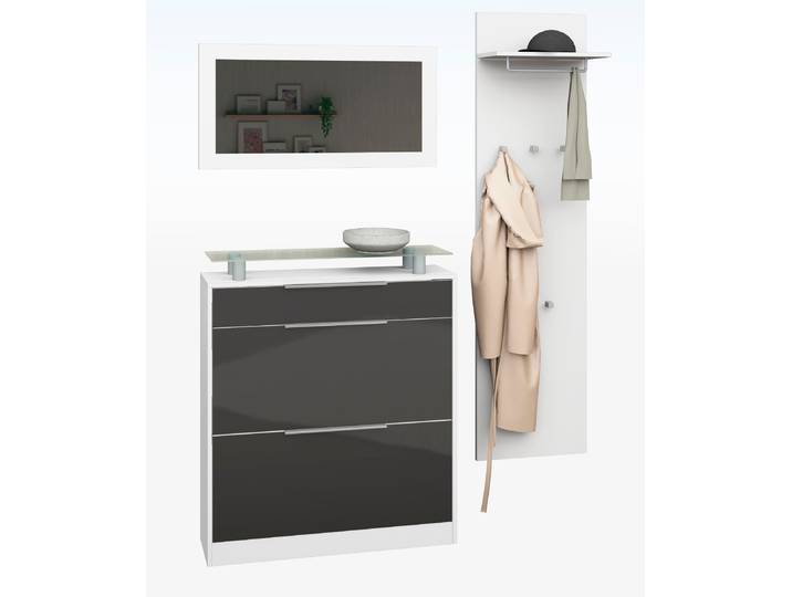 Garderoben-Set BORCHARDT MÖBEL Oliva , weiss (weiß, graphit hochglanz), Kastenmöbel-Sets, Garderoben-Set, (3-tlg), mit stehendem Schuhschrank, Paneel und Spiegel