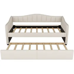 MODFU Tagesbett aus Leinen und MDF, Beige, 90x200 cm, mit ausziehbarem Rollbett und LED-Beleuchtung