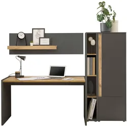 SCHREIBTISCHKOMBINATION 4-teilig grau matt, Eiche Wotan 213 cm, Büromöbel Set mit viel Stauraum