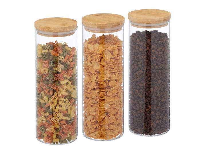 Relaxdays Vorratsgläser Transparent Natur 3er-Set Glas Bambusdeckel luftdicht 1600 ml, Glas, Holz, Kunststoff, 10x28x10 cm, Küchenzubehör, Vorratsbehälter, Vorratsdosen