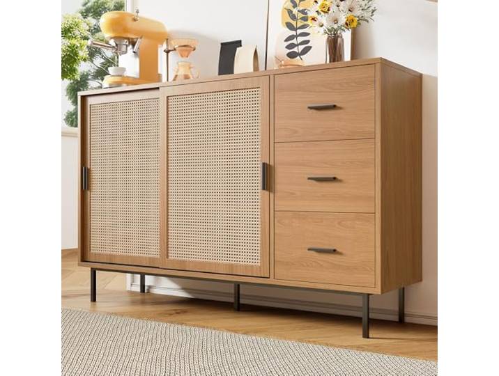 Merax Sideboard Kommode mit 2 Schiebetüren und 3 Schubladen, verstellbaren Einlegeböden, Küchenschrank im Landhausstil, Buffetschrank Standschrank für Wohnzimmer/Schlafzimmer/Esszimmer,140x37x91 cm