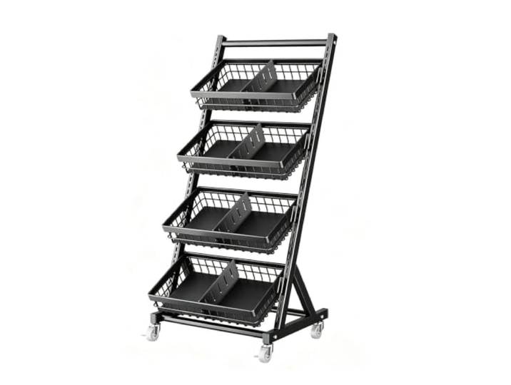 Dexinhdh Rollbarer Verkaufsständer für Snacks Metall-Obstkorb und Gemüseständer für Supermärkte, Convenience-Stores und Gewerbebetriebe(Black,B)