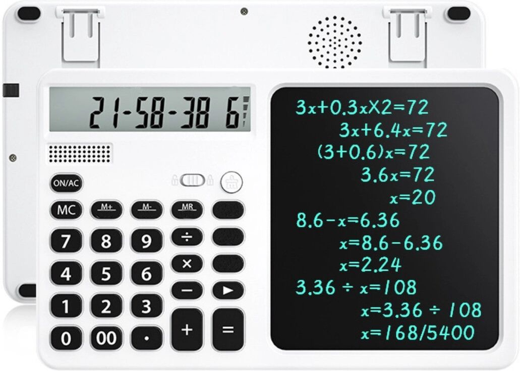 INF Schreibtafel mit Taschenrechner, wiederaufladbares LCD-Schreibpad mit integriertem Taschenrechner, Ein-Tasten-Sperre & Weiß