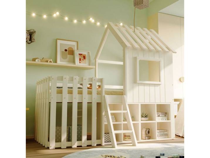 Lit superposé - 90x200cm - avec toit et fenêtre - rangement ouvert - lit superposé enfant en bois massif sans matelas - blanc