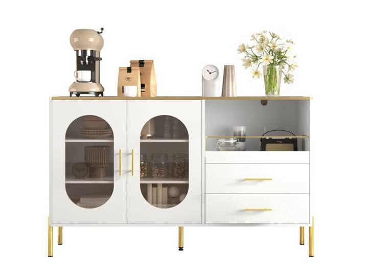 Feuille épaissie Armoire élégante avec 2 tiroirs et 2 portes en verre – Commode moderne en blanc avec accents dorés – Beaucoup de