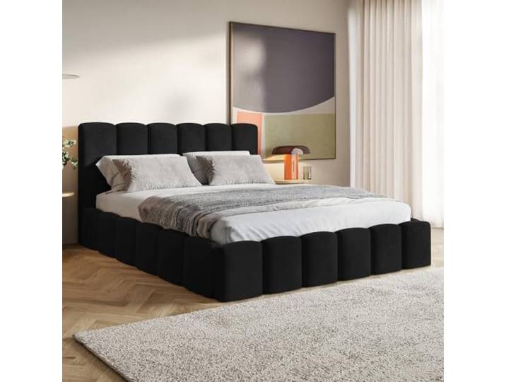 MOTIVENA Nunu Bubble Bett 120x200 Schwarz Samt, mit Stauraum, mit Kopfteil, mit Lattenrost, ohne Füße, ohne Matratze, Bubble Polsterbett 120x200 mit Bettkasten Schwarz