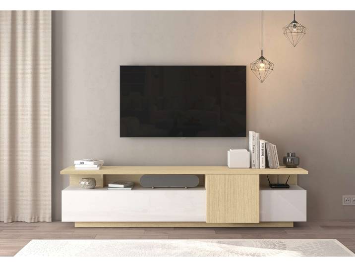 Lowboard GOODPRODUCT Lowboard ETHOS,Lowboard,TV-Kommode,TV-Möbel,TV-Bank , beige (eiche chopin, weiß hochglanz lackiert), B:210cm H:50cm T:40cm, Sideboards, Lowboard, Mit zwei Drehtüren, einer Klapptür und zwei offenen Fächern,B.210 cm