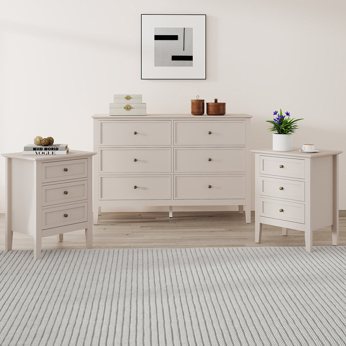 Large 6 Drawer Chest of Drawers and Pair of 3 Drawer Bedside Tables - Rowley Taupe Grey Range Coated MDF, Metal