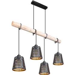 Pendelleuchte Holzbalken Hängelampe Retro Esszimmerlampe hängend mit vier Metallschirmen, schwarz gold, 4x E27, LxBxH 85x17x120 cm, Wohnzimmer