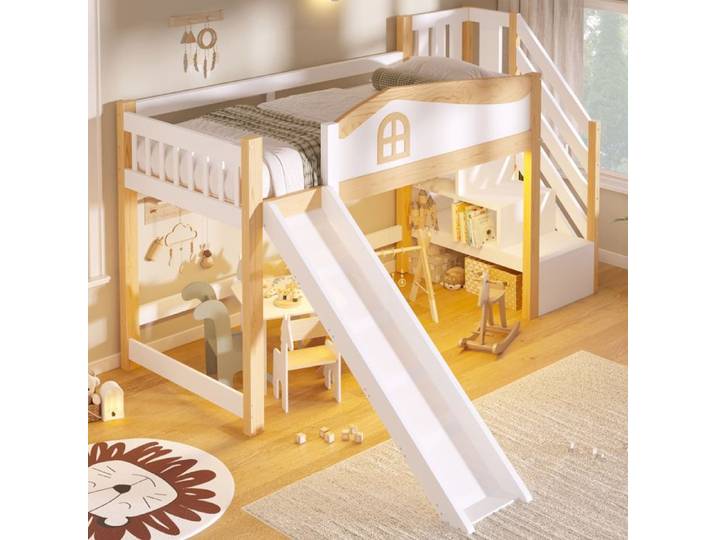 Lit enfant mi-hauteur 90x200cm lit enfant barrières de sécurité escalier de rangement lit simple toboggan et lumineuse LED.blanc