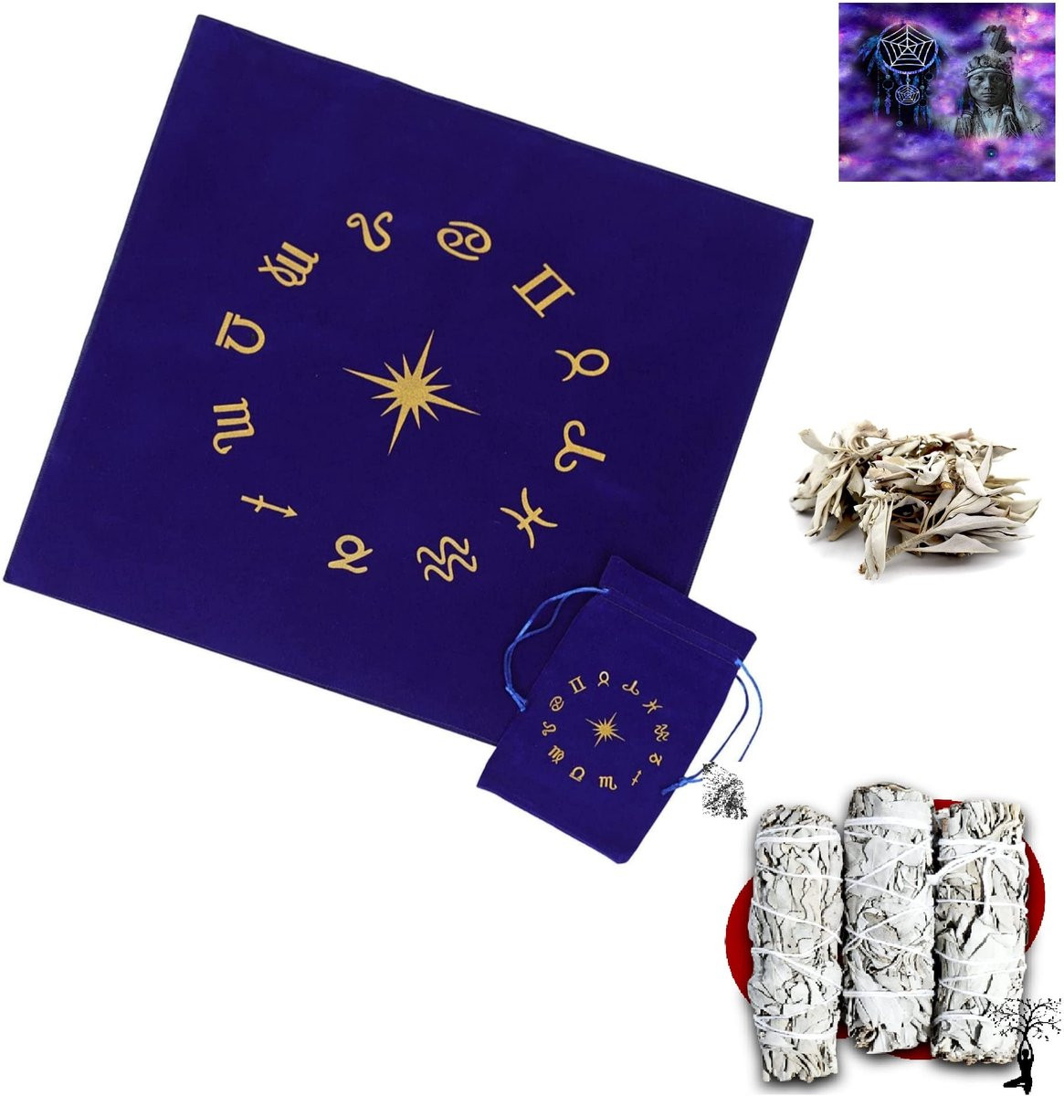 Tarot tafelkleed voor waarzeggers met witte salie en wierook van Omgoods