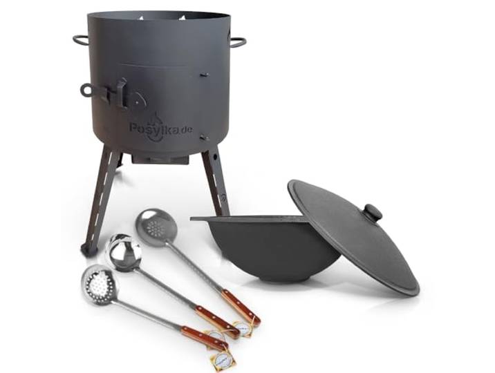 Utschak Feuerofen mit Gusseisen Topf flacher Boden mit Deckel 12 L Ø 40 cm Kazan Schaumlöffel für Plov 48 cm Schöpfkelle für Plov 48 cm (Set 4)