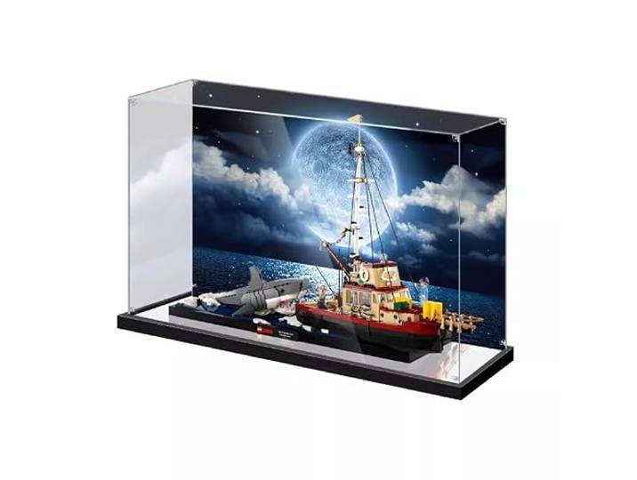 Figuren-Displaybox für LEGO 21350 für Ja-ws Or-ca Boot, Acryl, staubdicht, transparent, benutzerdefinierte Vitrine (kein Modell) (Spiegel + Hintergrund A)