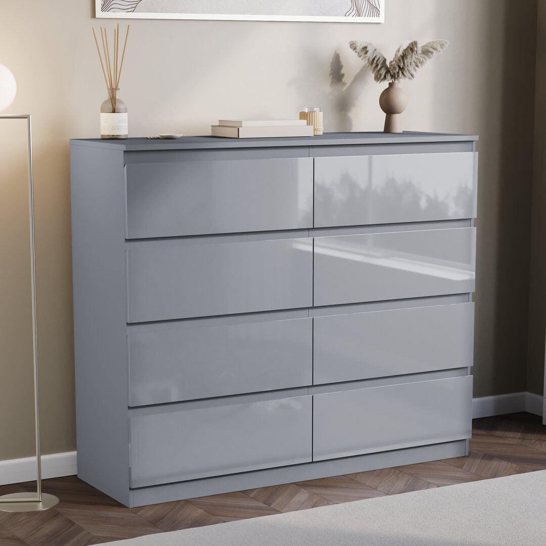 17 Stories Oslo 8 Drawer High Gloss Chest, (FSC 100%) Bedroom Home Storage Furniture Grey 95.5cm H X 100cm W X 35cm D