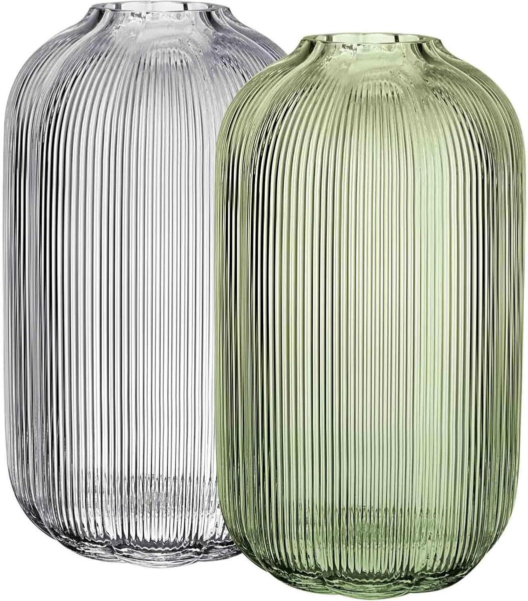 Set van 2 mondgeblazen glazen bloemenvazen in groen en transparant, Hoogte: 28 cm