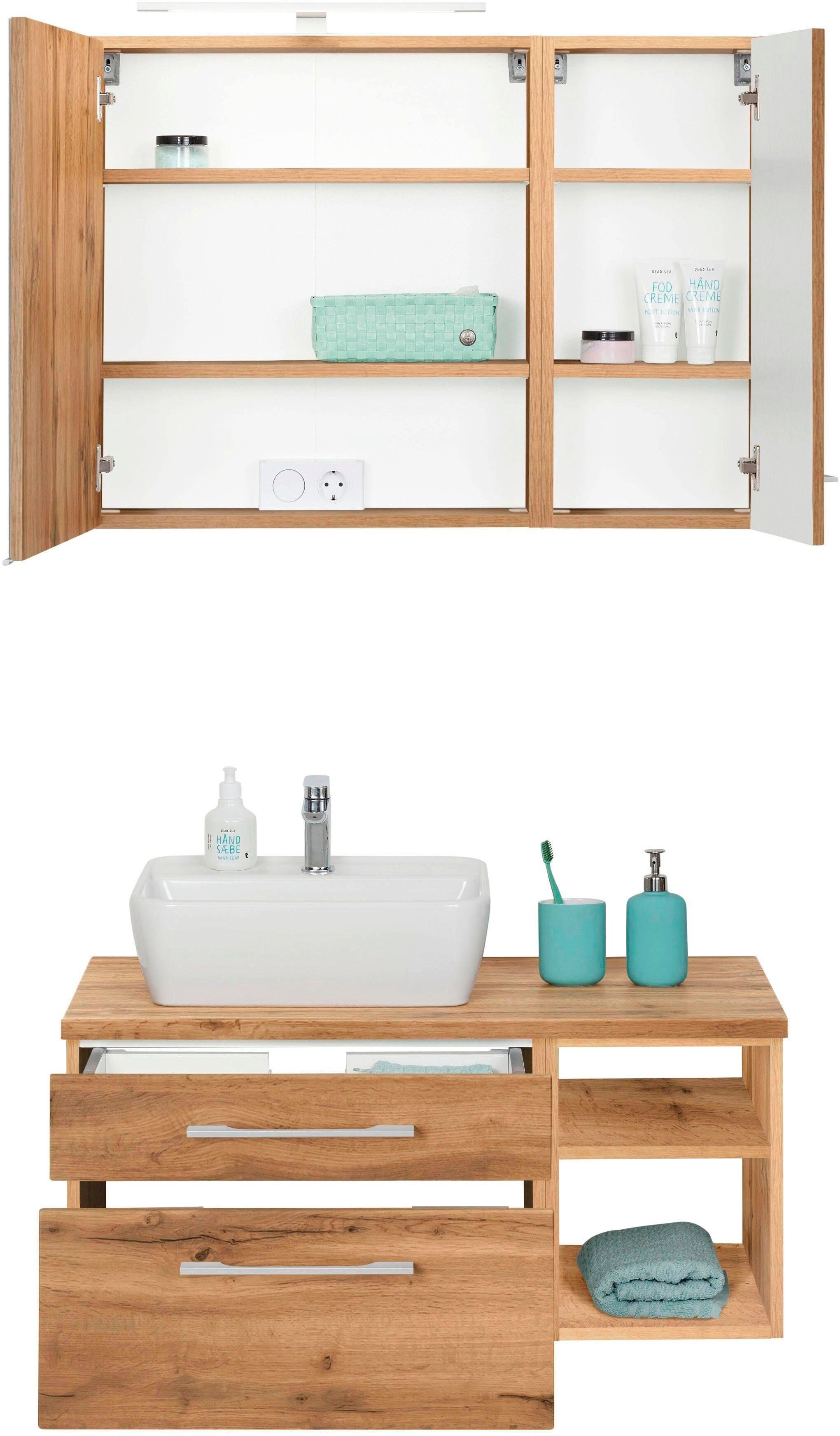Badmöbel-Set WELLTIME "Davos", braun (eichefarben), Becken links, Kastenmöbel-Sets, Badmöbel-Set, Spiegelschrank mit extra Regal eichefarben Becken links