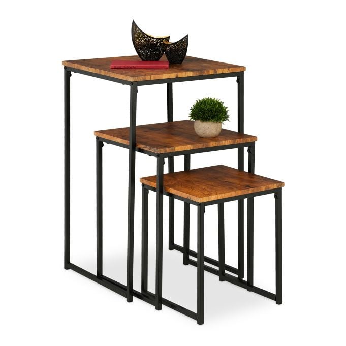 Relaxdays Bijzettafel set van 3, vierkant, stapelbaar, bruin/zwart