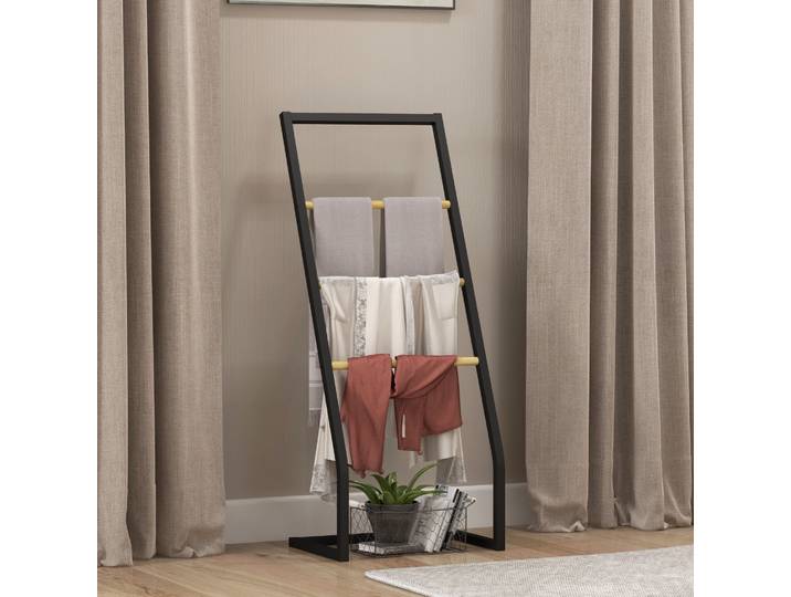 HOMCOM Porte-Serviettes Bambou/Acier 4 Barres Noir Naturel