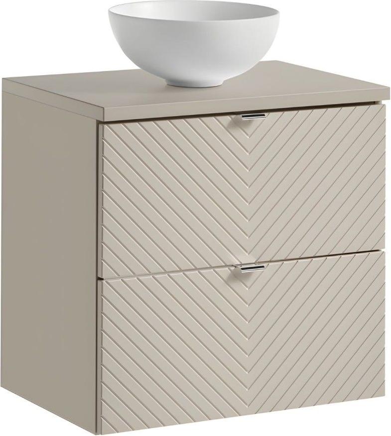 Set AOKI: Waschtischunterschrank mit Schubladen 60cm + Beige Arbeitsplatte + Aufsatzwaschbecken Rund Weiß