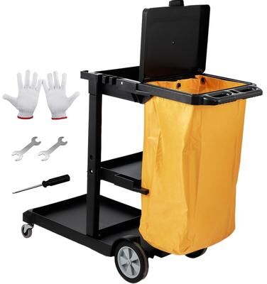 Cleaning Cart, 3-Shelf Commercial Janitorial Cart, 200 lbs Capacity Plastic Housekeeping Cart, with 25 Gallon PVC Bag
