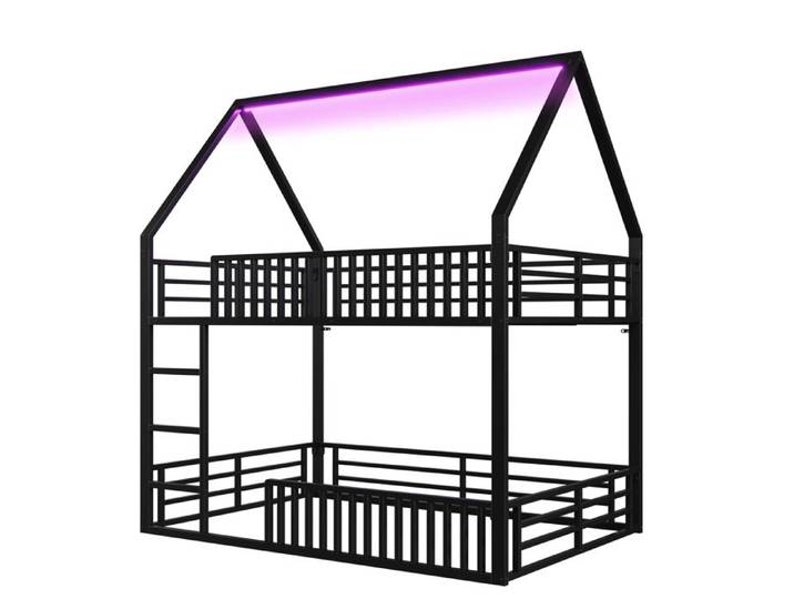 Lit mezzanine enfant 140x200 cm - EVRYAE avec structure maison et LED 7 couleurs sans Matelas - Métal - Noir
