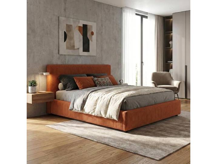 Lit Coffre Versailles 200x200 Cm – Velours Côtelé Terra Cotta – Tête De Lit Incluse – Grand Coffre