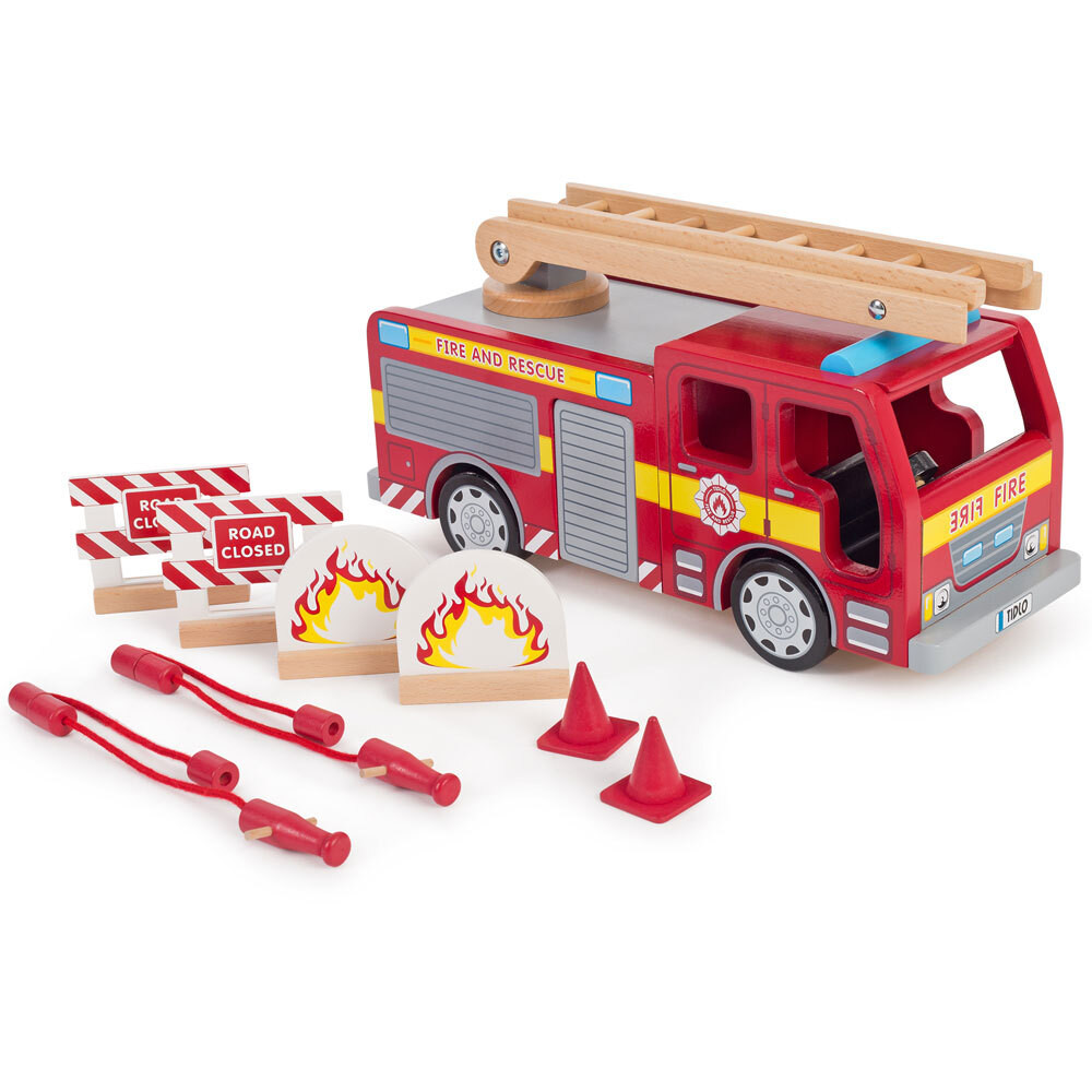 Tidlo Houten Brandweerwagen met Accessoires, Rood, 37 cm