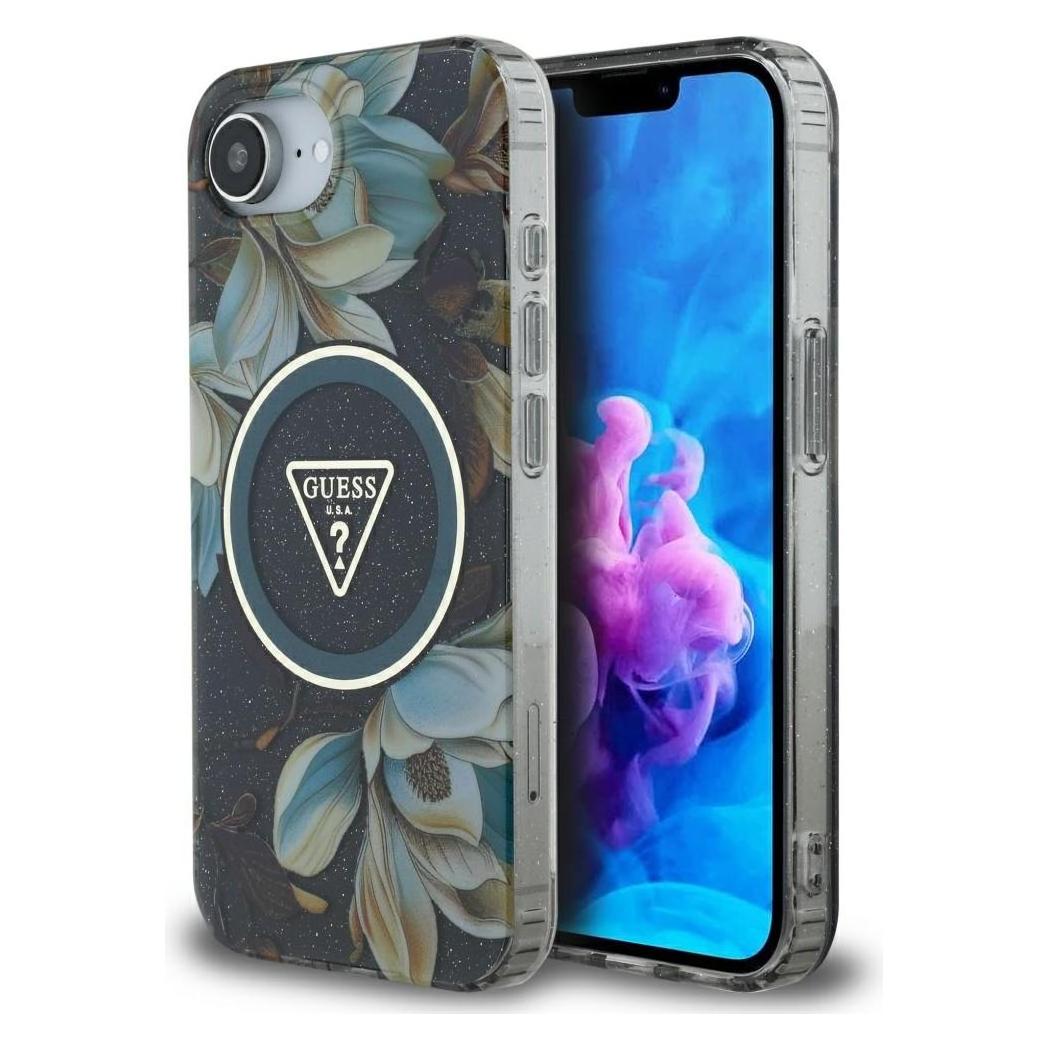 Guess Case IML Metal Glitter Flowers Triangle MagSafe for iPhone 16e black (Apple iPhone 16e, Apple iPhone 17e) (GUE004562-0)