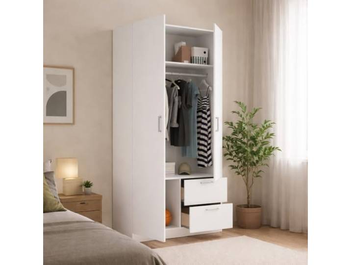 Dmora - Kleiderschrank 2 Türen Velino, Kleiderbügel für Schlafzimmer, Kleiderschrank mit 2 Schubladen, 100x52h215 cm, Weiß