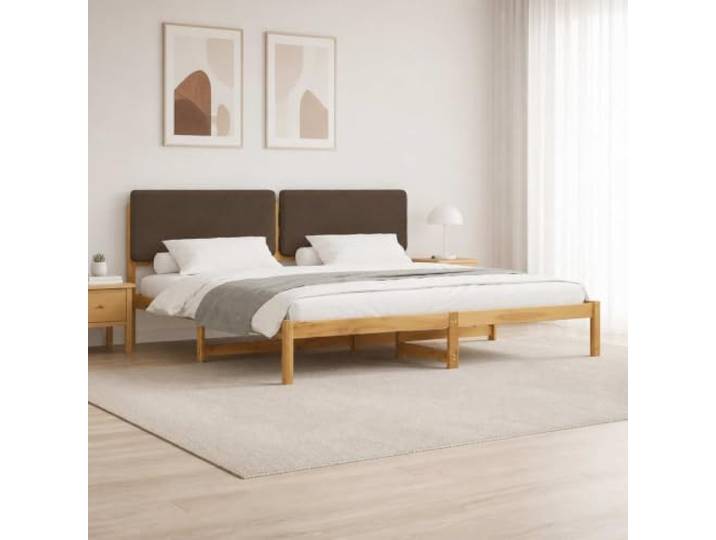 Bett mit Kopfteil, 200 x 200 cm, gewaschenes Weiß und Taupe Massives Akazienholz, gepolstertes Kopfteil aus Leinenimitat, Bezug des Kissens abnehmbar und waschbar, Gestell