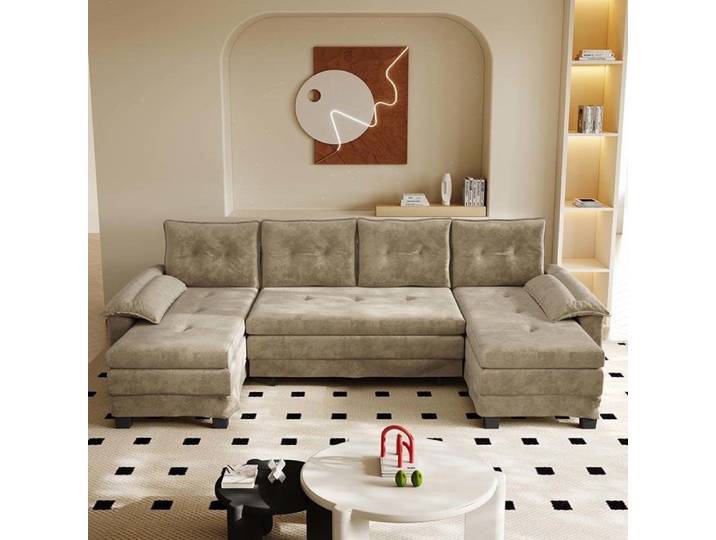 Canapé-lit modulaire en U - 5 places - tissu chenille camel - lit gigogne - port USB & accoudoirs amovibles