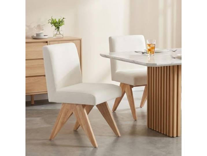Ya-Home Esszimmerstühle 2er Set, Küchenstühle mit Holzbeinen, Beige Polsterstühle aus Chenille, ohne Armlehne, Akzentstühle für Küche/Wohnzimmer
