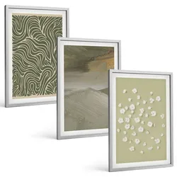 BILDER SET 3er Set - 40x60 cm Silberner Rahmen - Abstrakte florale Wellenmuster